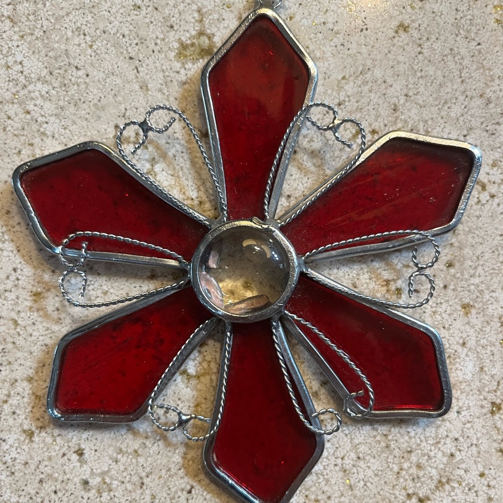 Red burgundy flower stained glass handmade Suncatcher Christmas ornament